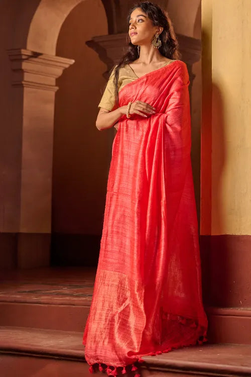 The ICH Bengal Elegance. Handwoven Soft Resham Matka Silk Saree - Warm Coral