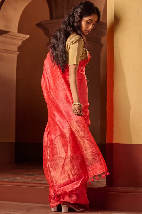 The ICH Bengal Elegance. Handwoven Soft Resham Matka Silk Saree - Warm Coral
