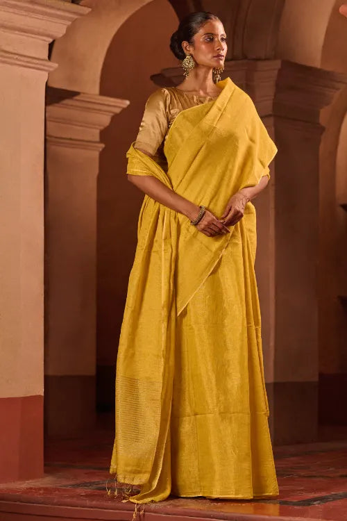 The ICH Bengal Elegance. Handwoven Tissue & Linen Saree - Sunlit Amber
