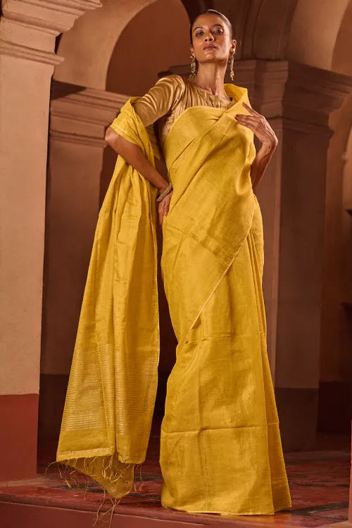 The ICH Bengal Elegance. Handwoven Tissue & Linen Saree - Sunlit Amber