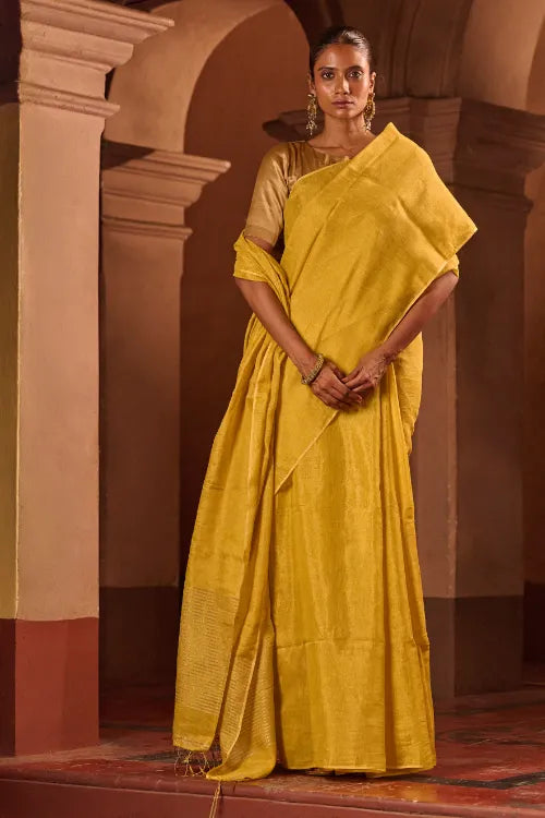 The ICH Bengal Elegance. Handwoven Tissue & Linen Saree - Sunlit Amber