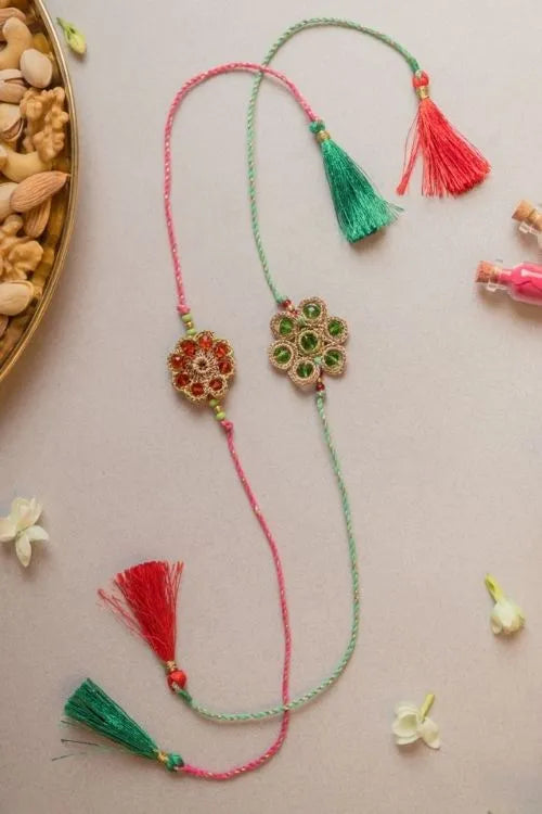 Samoolam Jewelled Flowers Crochet Rakhi (Set of 2)