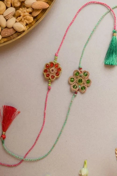 Samoolam Jewelled Flowers Crochet Rakhi (Set of 2)