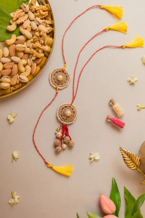 Samoolam Antique Pearl Crochet Rakhi & Lumba Set (Set Of 2)