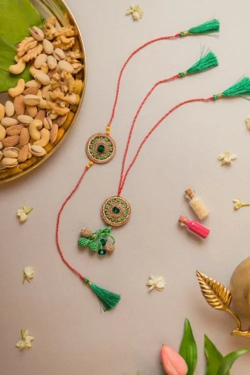 Samoolam Green Jewel Crochet Rakhi & Lumba Set (Set Of 2)