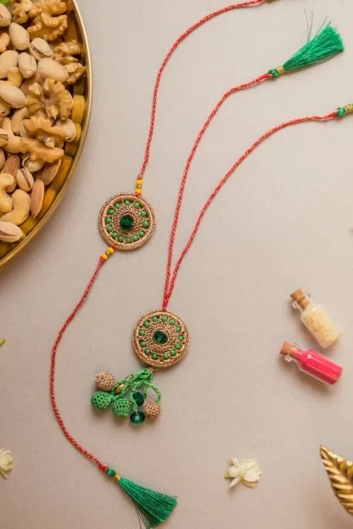 Samoolam Green Jewel Crochet Rakhi & Lumba Set (Set Of 2)