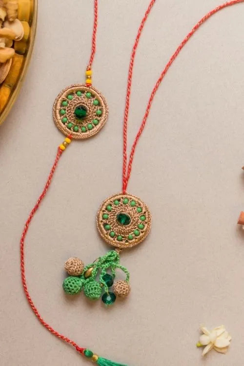 Samoolam Green Jewel Crochet Rakhi & Lumba Set (Set Of 2)