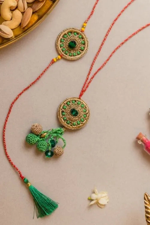 Samoolam Green Jewel Crochet Rakhi & Lumba Set (Set Of 2)