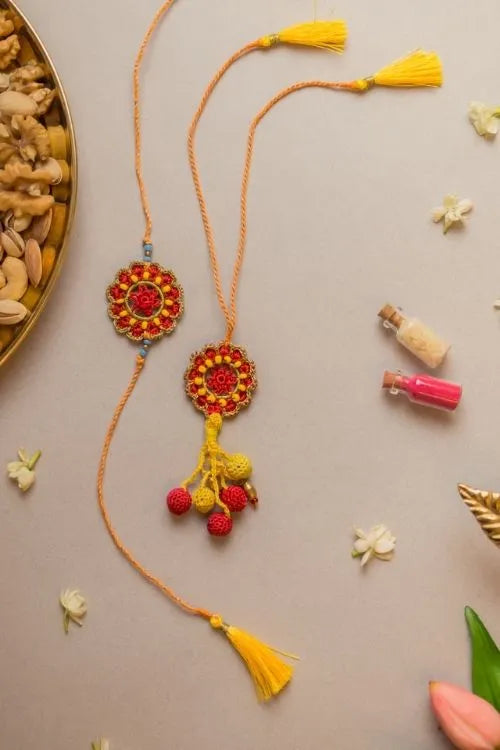 Samoolam Red Mandala Crochet Rakhi & Lumba Set (Set Of 2)