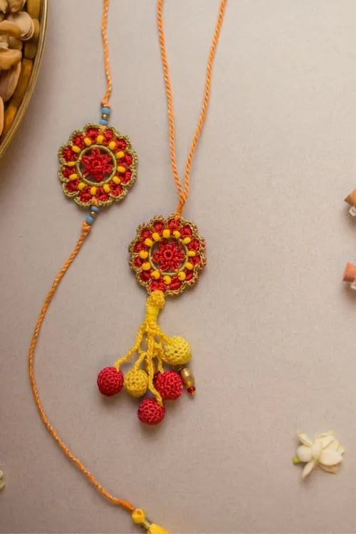 Samoolam Red Mandala Crochet Rakhi & Lumba Set (Set Of 2)