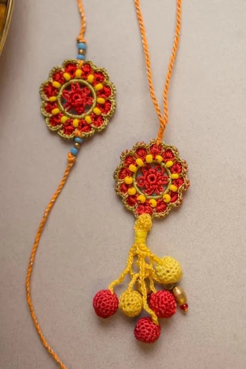 Samoolam Red Mandala Crochet Rakhi & Lumba Set (Set Of 2)