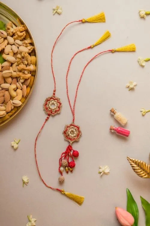 Samoolam Red Pearl Crochet Rakhi & Lumba Set (Set Of 2)