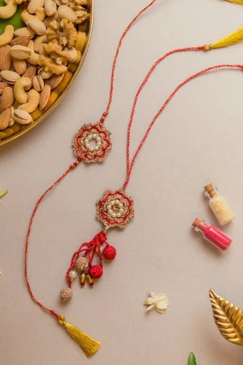 Samoolam Red Pearl Crochet Rakhi & Lumba Set (Set Of 2)