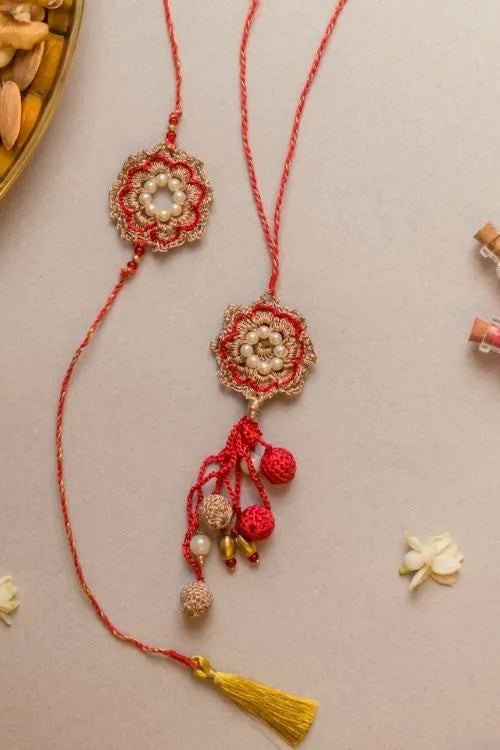 Samoolam Red Pearl Crochet Rakhi & Lumba Set (Set Of 2)