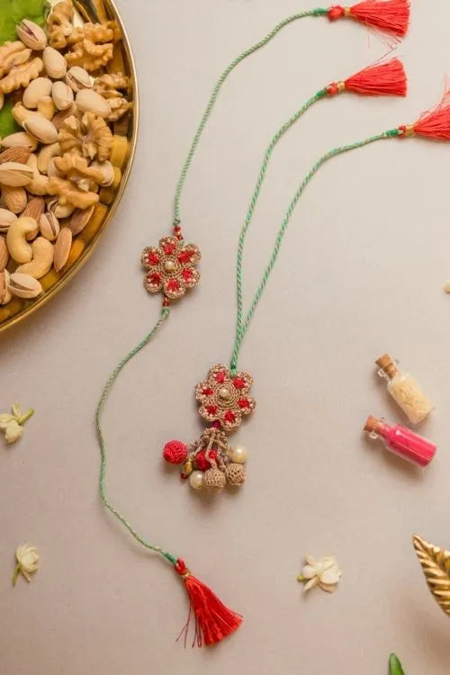 Samoolam Coral Red Crochet Rakhi & Lumba Set (Set Of 2)