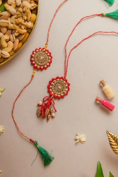 Samoolam Festive Red Crochet Rakhi & Lumba Set (Set Of 2)