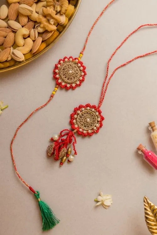 Samoolam Festive Red Crochet Rakhi & Lumba Set (Set Of 2)