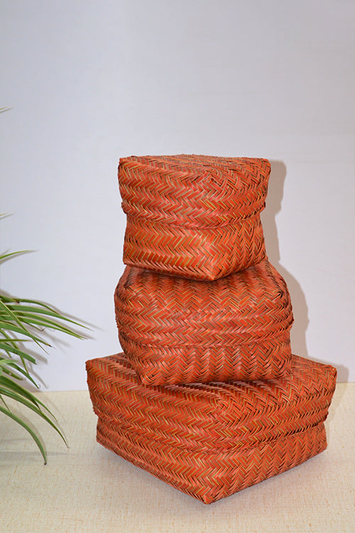 Dharini Sitalpati Gift & Utility Boxes Rust (Set Of 3)