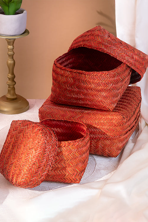 Dharini Sitalpati Gift & Utility Boxes Rust (Set Of 3)