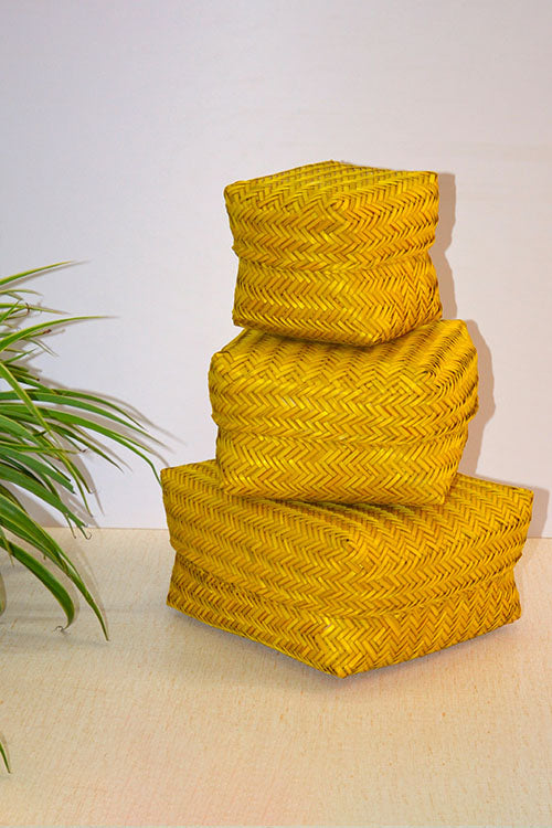 Dharini Sitalpati Gift & Utility Boxes Mustard (Set Of 3)