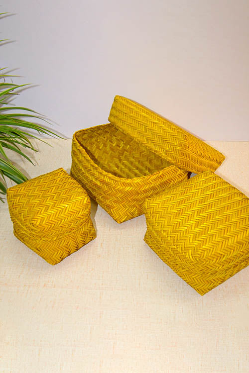 Dharini Sitalpati Gift & Utility Boxes Mustard (Set Of 3)
