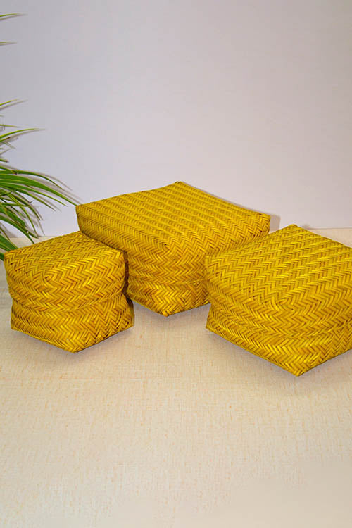 Dharini Sitalpati Gift & Utility Boxes Mustard (Set Of 3)