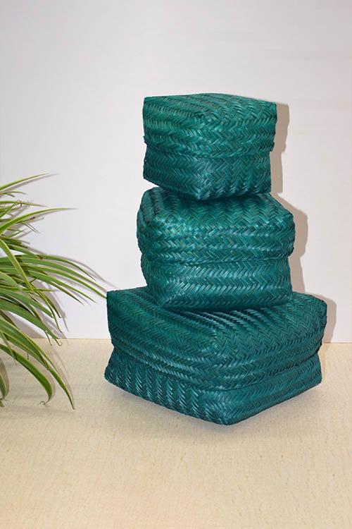 Dharini Sitalpati Gift & Utility Boxes Teal (Set Of 3)
