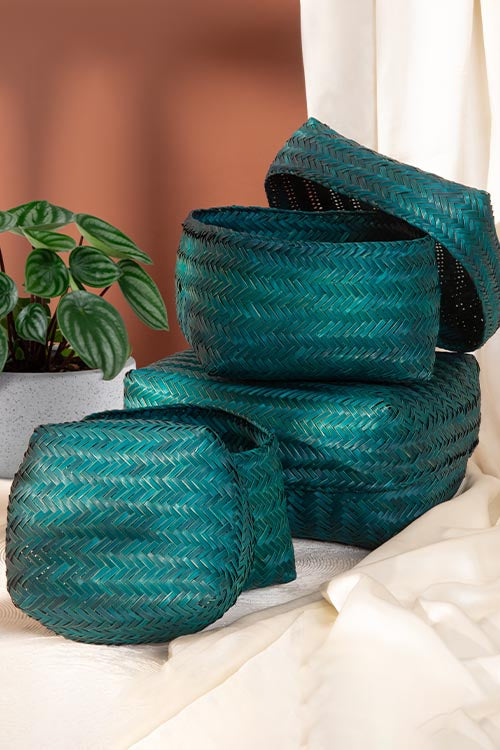 Dharini Sitalpati Gift & Utility Boxes Teal (Set Of 3)