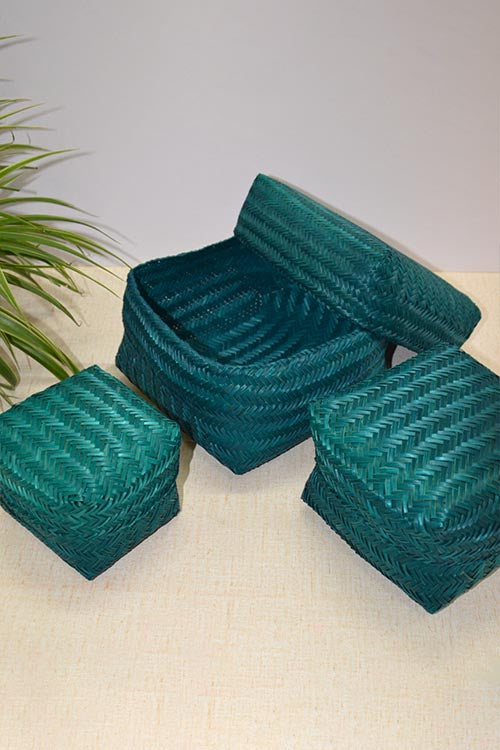 Dharini Sitalpati Gift & Utility Boxes Teal (Set Of 3)