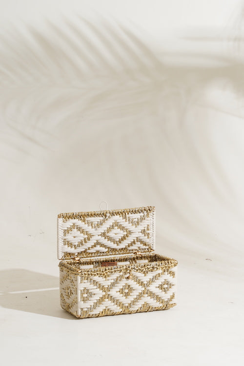 Sirohi Handwoven Multipurpose Diamond Box With 2 Candles | White & Gold