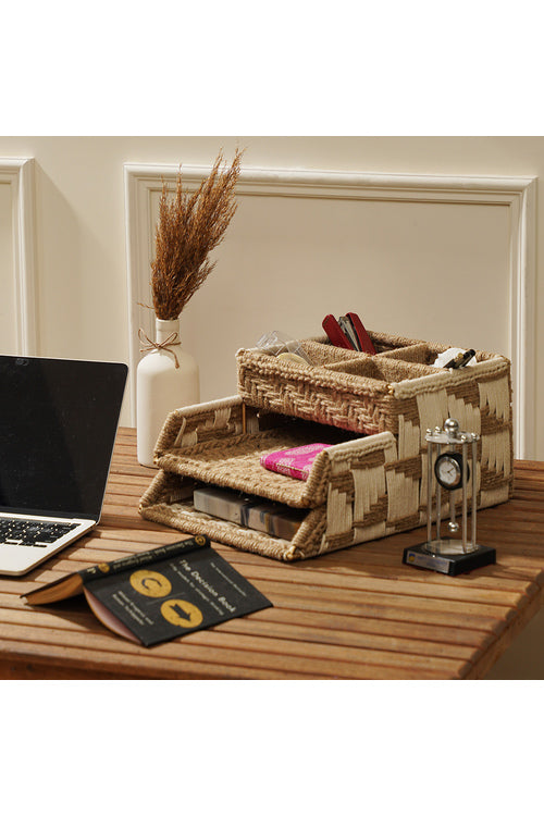 Sirohi Handwoven Jute & Cotton Wfh Desk Organizer | Brown & White