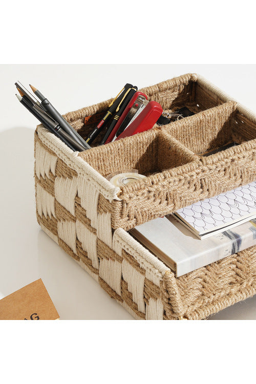 Sirohi Handwoven Jute & Cotton Wfh Desk Organizer | Brown & White