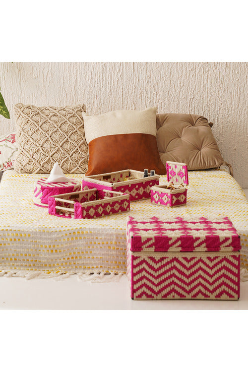 Sirohi Haandwoven Trousseau Gifting | Set Of 5 | Pink & White