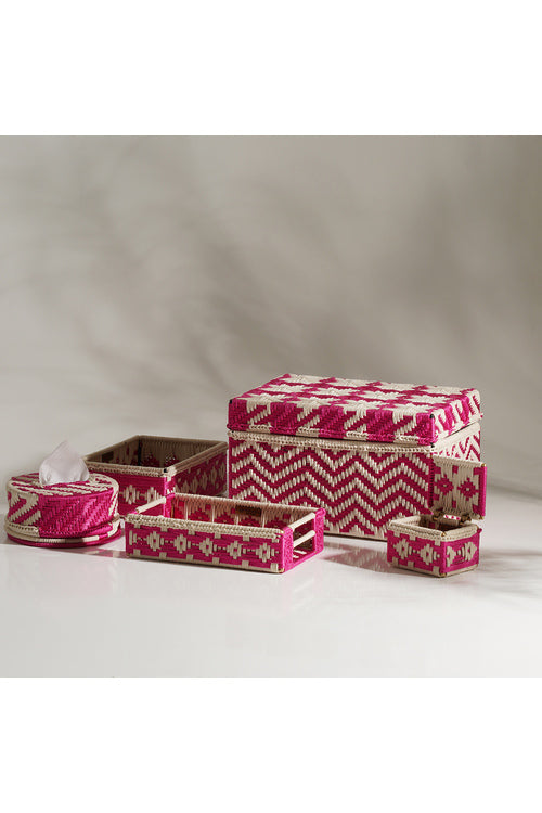 Sirohi Haandwoven Trousseau Gifting | Set Of 5 | Pink & White