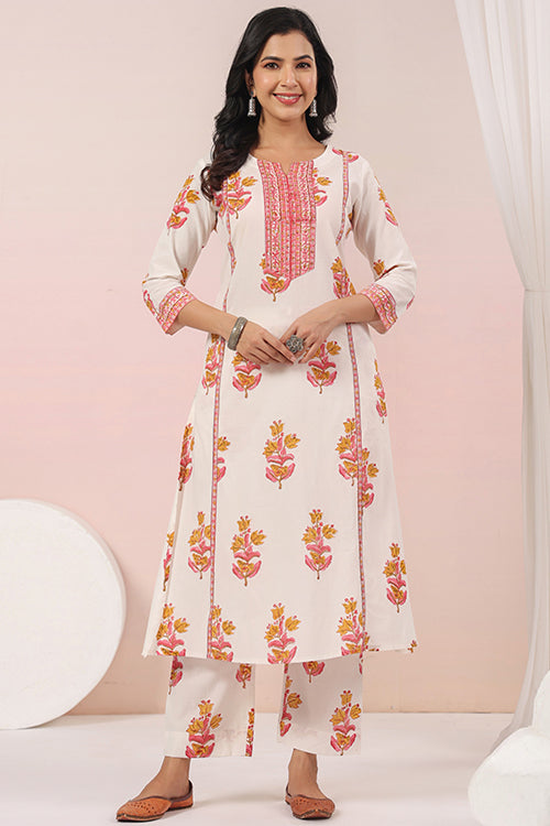 Shuddhi  White And Pink Kurta And Pant Set