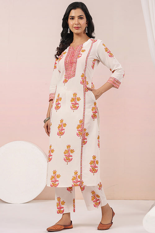 Shuddhi  White And Pink Kurta And Pant Set