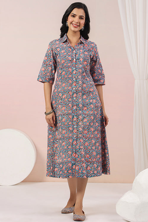 Shuddhi Blue And Peach A Line Dress