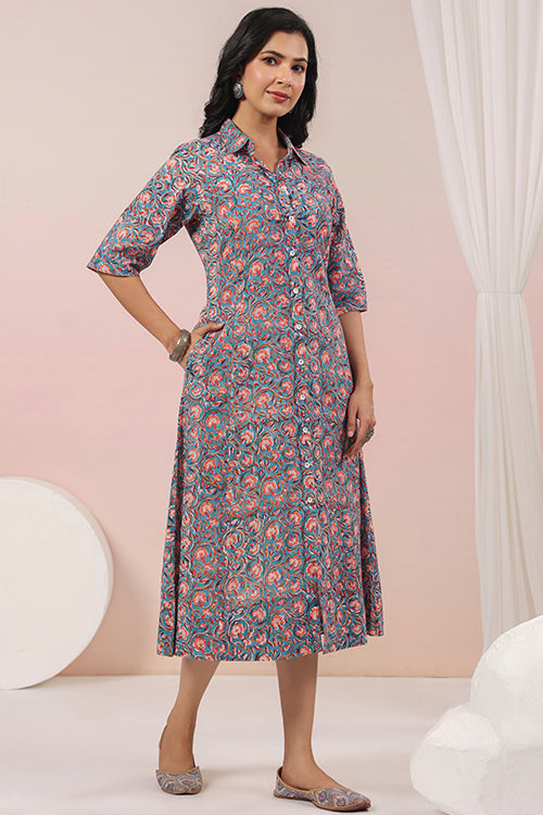 Shuddhi Blue And Peach A Line Dress