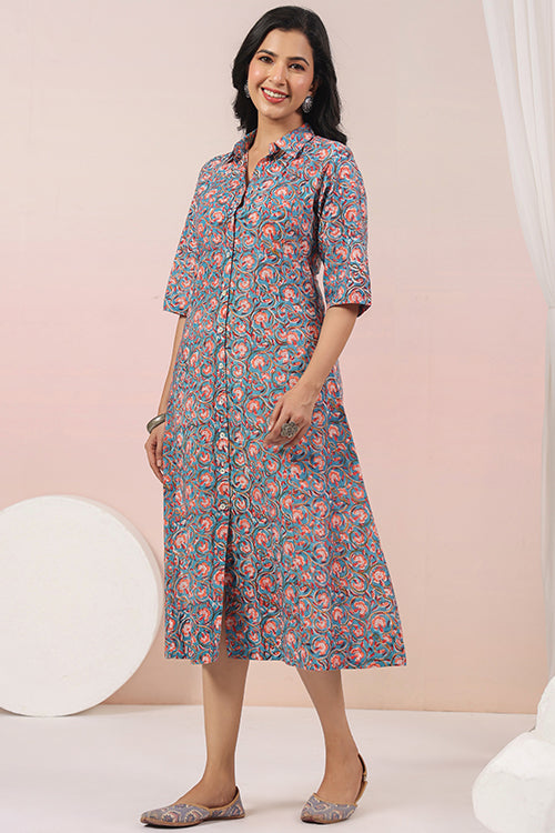 Shuddhi Blue And Peach A Line Dress