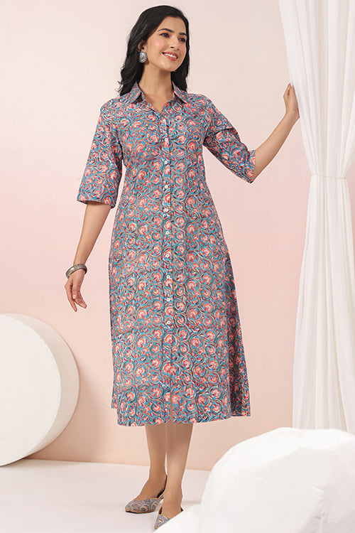 Shuddhi Blue And Peach A Line Dress