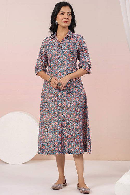Shuddhi Blue And Peach A Line Dress