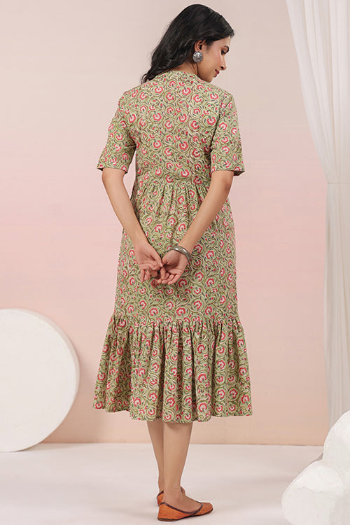 Shuddhi Green And Pink Tier Cotton Dress