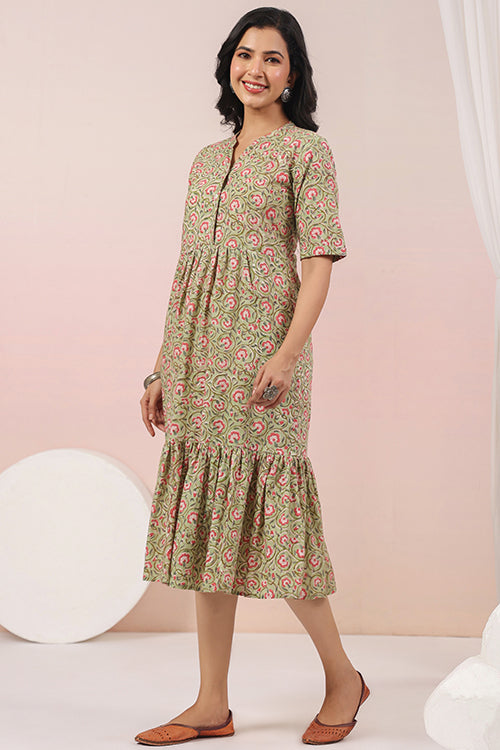 Shuddhi Green And Pink Tier Cotton Dress