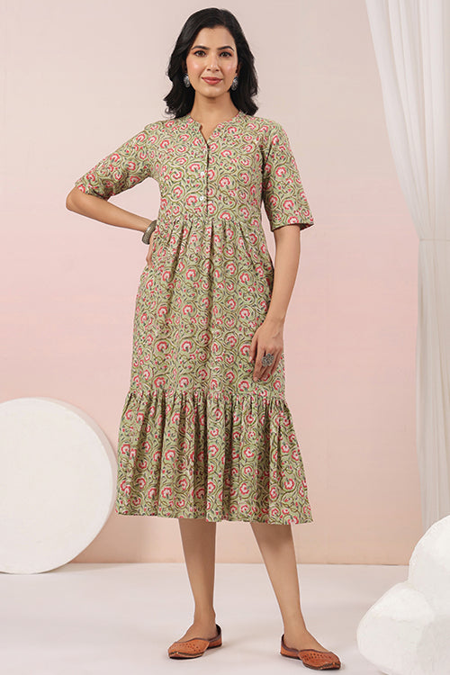 Shuddhi Green And Pink Tier Cotton Dress