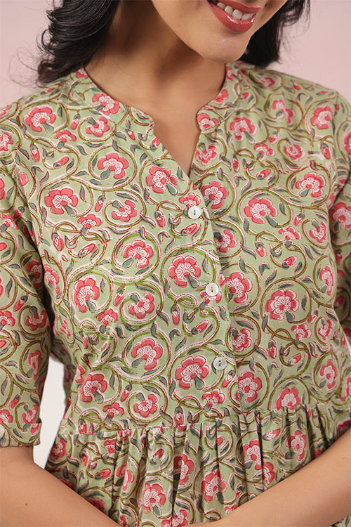 Shuddhi Green And Pink Tier Cotton Dress