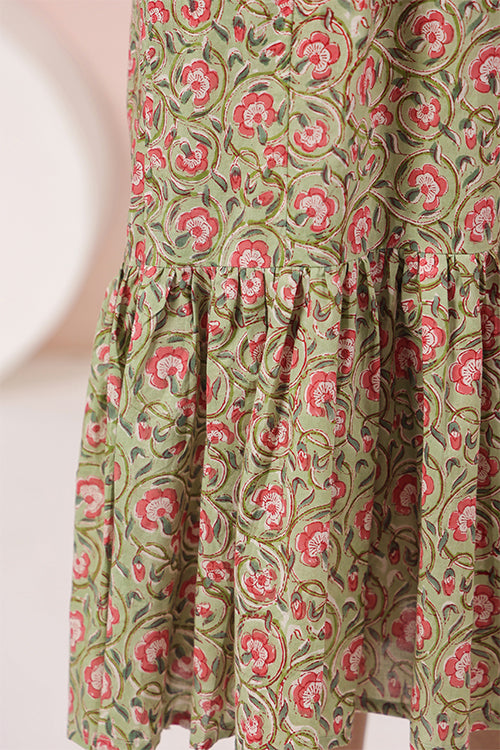 Shuddhi Green And Pink Tier Cotton Dress