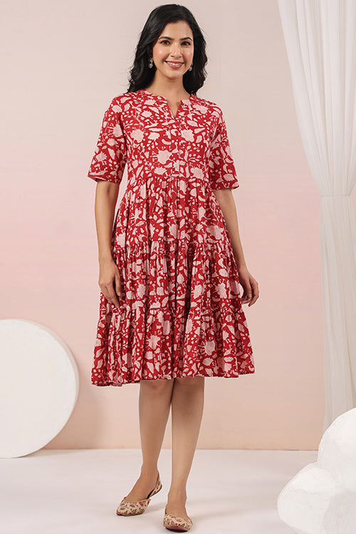 red and beige dress Red and Beige Floral Dress | Harmony Hues
