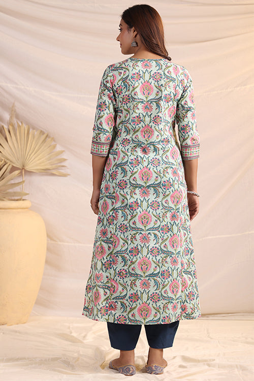 Shuddhi  Green And Pink Cotton Kurta