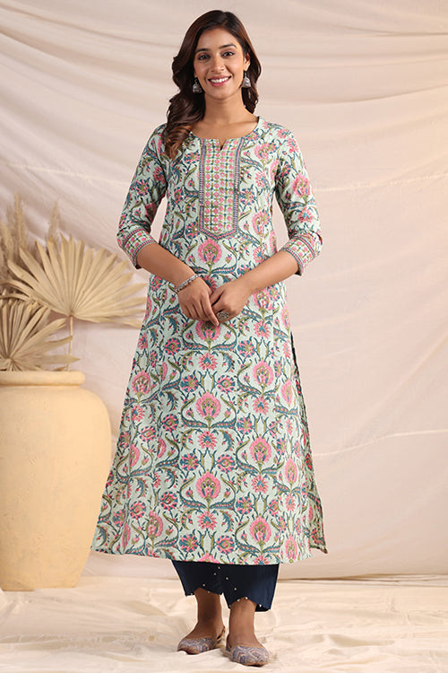 Shuddhi  Green And Pink Cotton Kurta