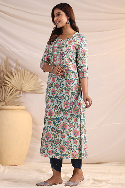 Shuddhi  Green And Pink Cotton Kurta